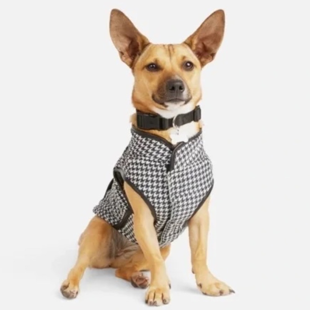 YOULY Black White Houndstooth Cozy Puffer Dog Plaid Jacket Pet Coat Small NEW